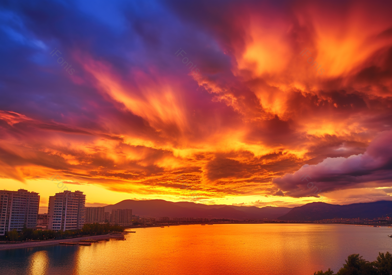 大理洱海边的火烧云城市江边火烧云景观摄影真实,高清,摄影图,摄影图片,图片大全,摄影图免费下载